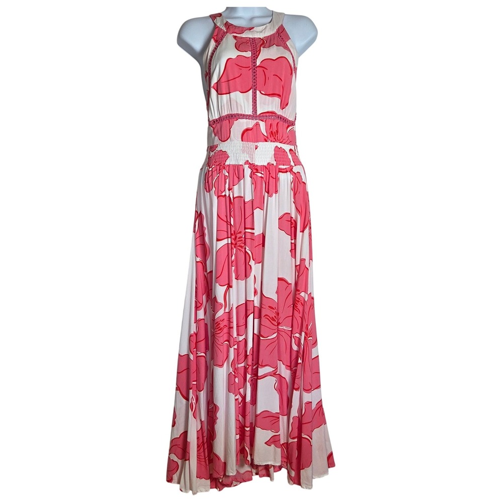 Abel The Label Pink Floral Halter Maxi Dress Smocked Waist Open Tie Back Large